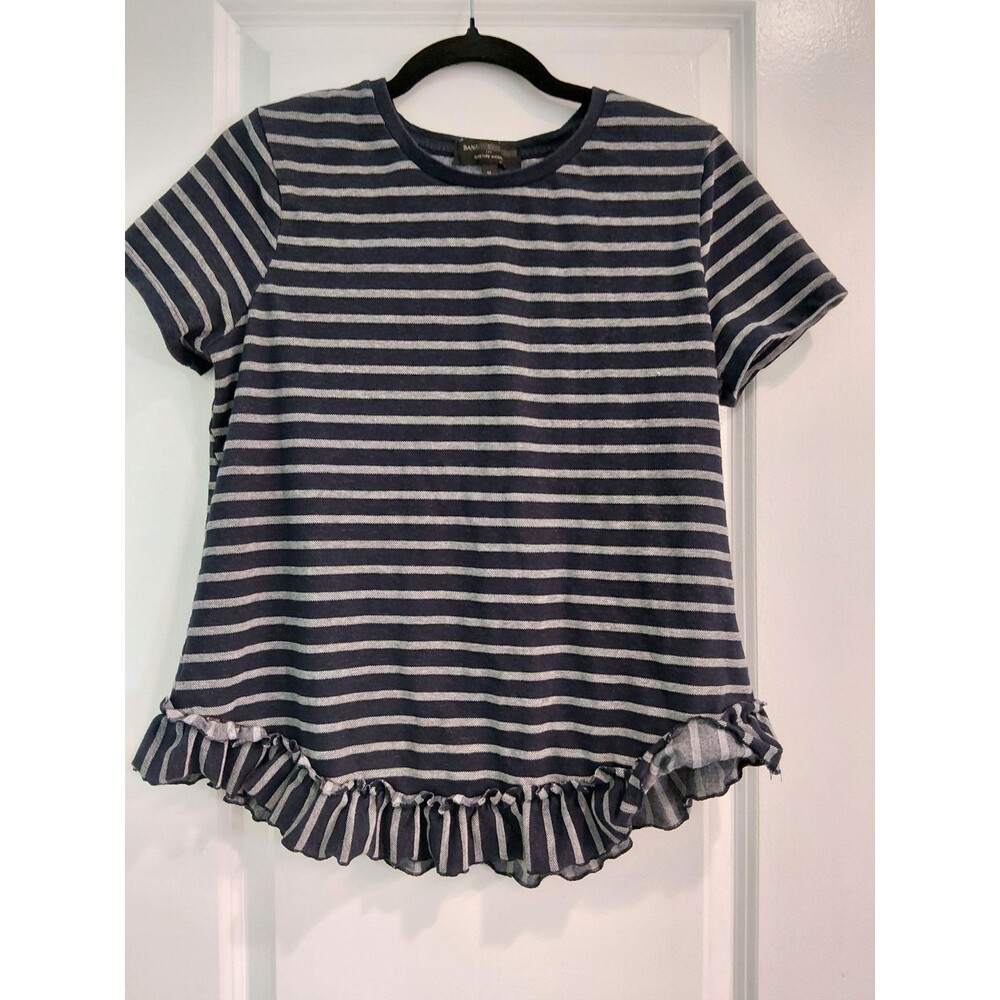 Banana Republic women Navy Stripe Ruffle Top Size Medium Moisture Wicking Cotton - Picture 10 of 15